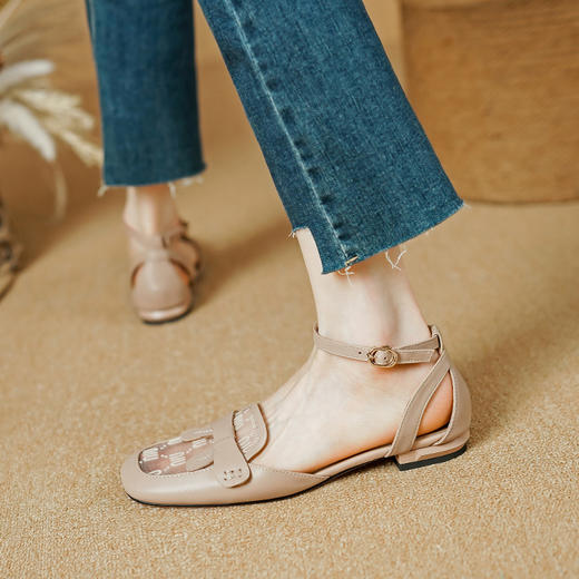 优雅百搭，里外全头层皮拼接网纱平底凉鞋PS1368 商品图2