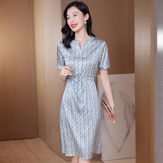 ASE 9556真丝连衣裙V领印花重磅桑蚕丝修身系带中长裙 商品图2