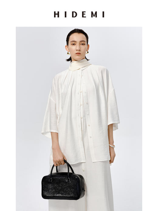HIDEMI 水洗廓形极简褶皱微伞状多粒扣上衣 商品图3