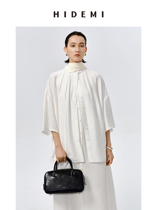 HIDEMI 水洗廓形极简褶皱微伞状多粒扣上衣 商品图2