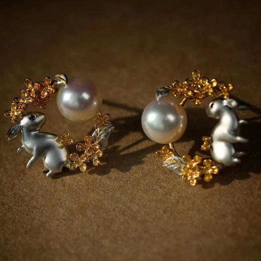 龢盒原创 望月兔18k金镶akoya珍珠耳钉 商品图2