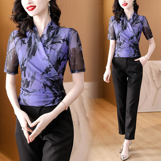 V领短袖双层网纱T恤修身针织网眼透气交叉领小衫K-460H2612 商品图2