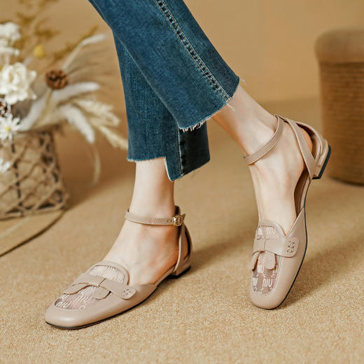 优雅百搭，里外全头层皮拼接网纱平底凉鞋PS1368 商品图0