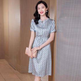 ASE 9556真丝连衣裙V领印花重磅桑蚕丝修身系带中长裙