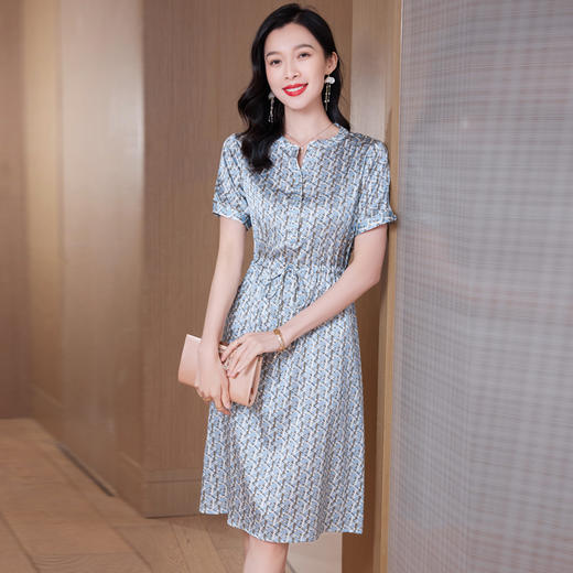 ASE 9556真丝连衣裙V领印花重磅桑蚕丝修身系带中长裙 商品图0