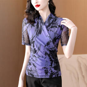 V领短袖双层网纱T恤修身针织网眼透气交叉领小衫K-460H2612