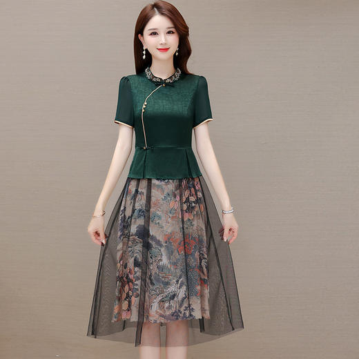 国风气质，夏款长款印花网纱拼接假两件时尚连衣裙短袖A字裙QYM-OMS-ZXA350-L 商品图0