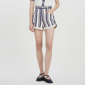 谜底宽松条纹短裤女2023夏季新款复古百搭休闲风直筒裤232MK0505