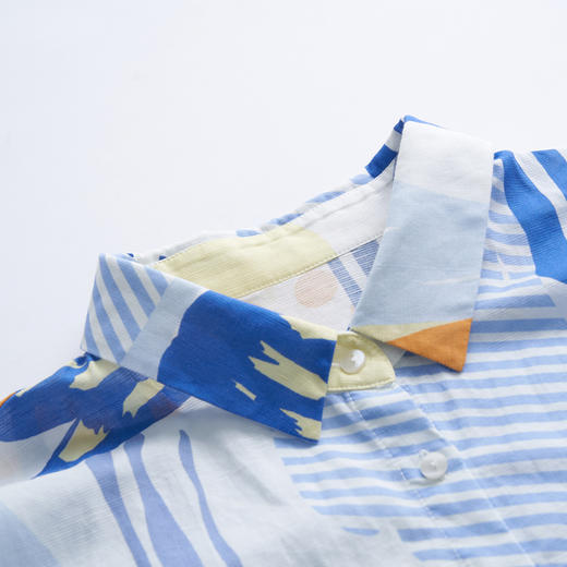 谜底复古抽象印花大廓形衬衫短袖女2023夏新款棉麻衬衣232MC0585 商品图3