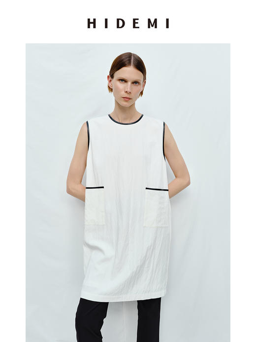 HIDEMI 皮边镶嵌包边工艺极简圆领口袋连衣裙 黑色/白色 商品图4
