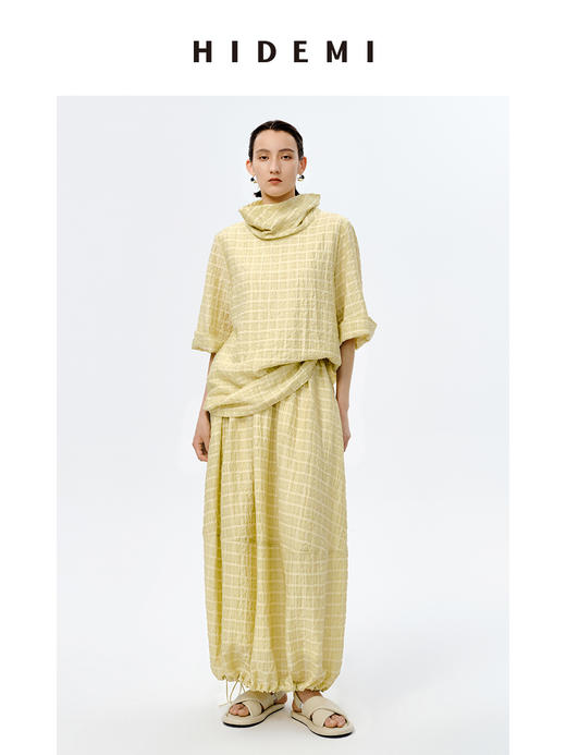 HIDEMI堆堆领色织格纹大廓形超薄清透茧型套装 商品图1