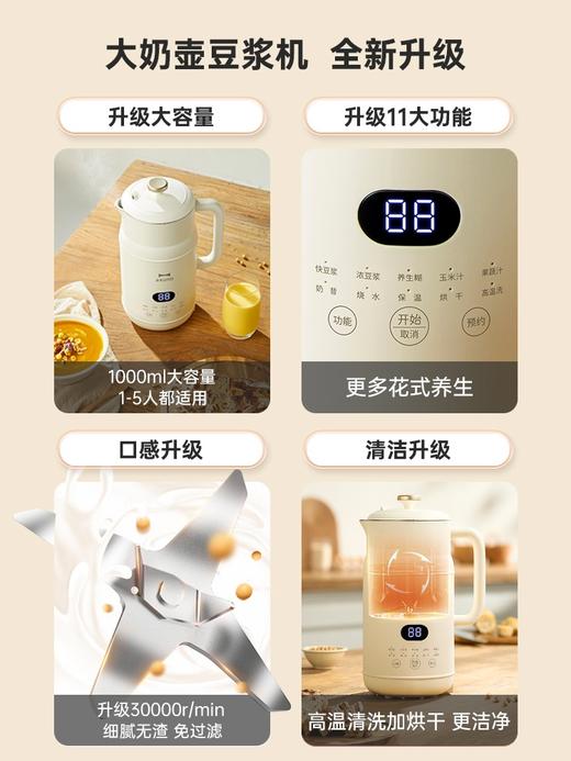 【新升级1L大容量】BRUNO大奶壶豆浆机 11大功能新升级 多重降噪 柔音破壁 干豆直打免滤无渣感 高温自清洗带烘干 1000ml大容量 商品图4