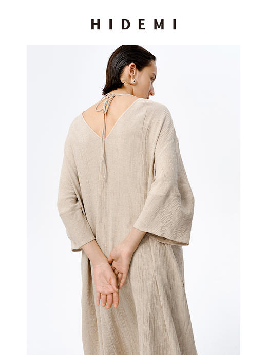 HIDEMI 艺术肌理感燕麦亚麻大廓形系带慵懒连衣裙 商品图6