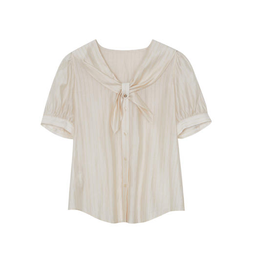 谜底气质系带圆领天丝衬衫短袖女2023夏款通勤修身衬衣232MC0695 商品图4