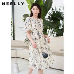 NEELLY纳俪商场同款法式印花气质碎花连衣裙女泡泡袖收腰A字裙夏N23044Y03308