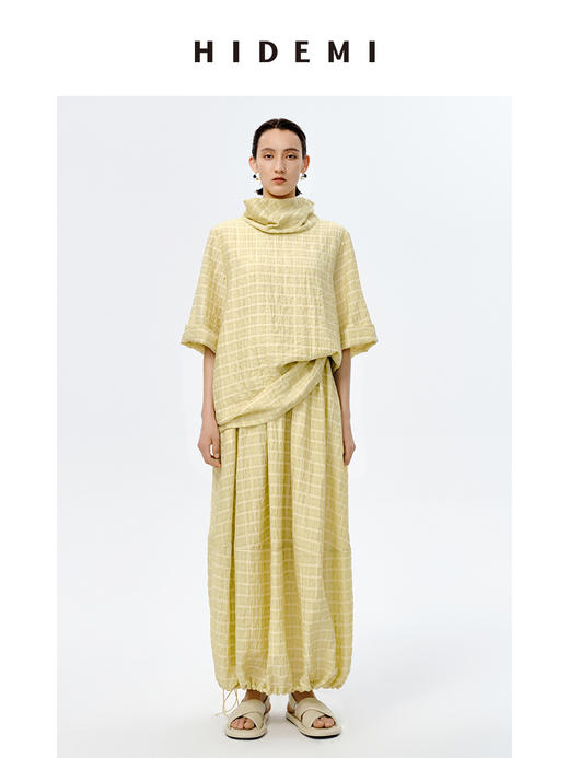 HIDEMI堆堆领色织格纹大廓形超薄清透茧型套装 商品图0