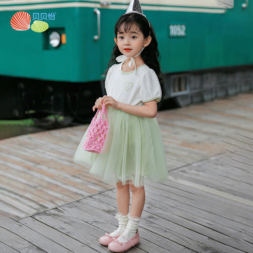 贝贝怡女童清新甜美短袖连衣裙夏季新款女孩拼接网纱裙儿童公主裙 商品图1