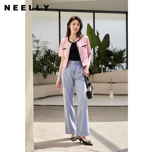 NEELLY纳俪商场同款夏季气质撞色小香风设计感薄款短袖上衣外套N23044C03343 商品图1