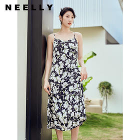 NEELLY纳俪商场同款夏季缎面吊带连衣裙女中长款扭结收腰A字裙N23024Y04404