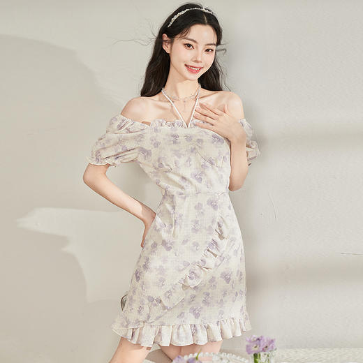 甜美纯欲显瘦方领碎花连衣裙女新款夏季荷叶边开叉仙女裙V1231341 商品图2