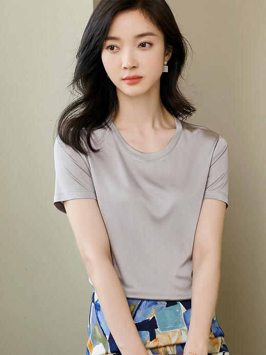 米思阳2024夏季新款百搭直筒爽滑醋纤亲肤短袖T恤纯色上衣女1597 商品图2
