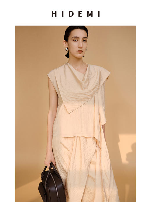 HIDEMI 不对称丝巾设计感艺术微褶皱堆叠套装 上衣/半裙 商品图3