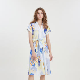 谜底复古花色V领连衣裙短袖2023夏季新款收腰长裙配腰带232ML0641