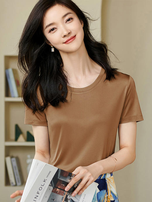 米思阳2024夏季新款百搭直筒爽滑醋纤亲肤短袖T恤纯色上衣女1597 商品图1