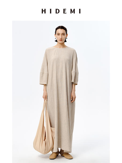 HIDEMI 艺术肌理感燕麦亚麻大廓形系带慵懒连衣裙 商品图1