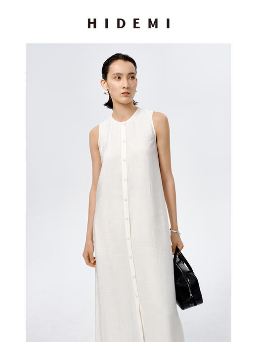 HIDEMI极简设计感纽扣垂坠感艺术褶皱连衣长裙 商品图3