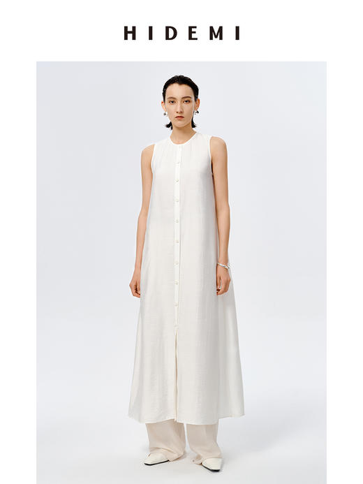 HIDEMI极简设计感纽扣垂坠感艺术褶皱连衣长裙 商品图0
