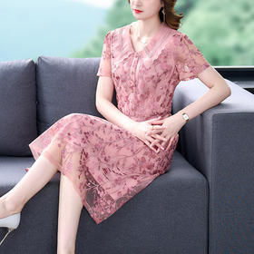 AHM msfs9969雪纺连衣裙优雅复古减龄中长款刺绣裙