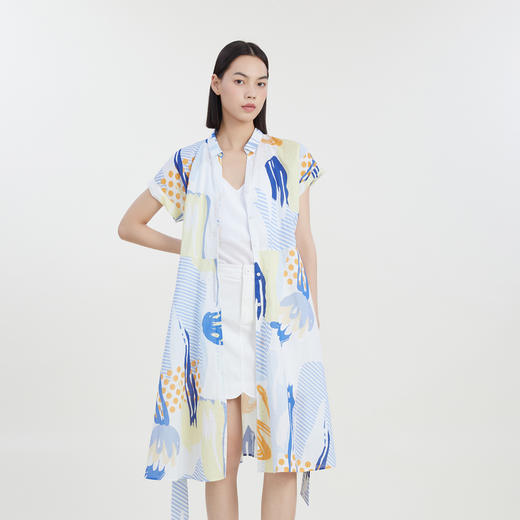 谜底复古花色V领连衣裙短袖2023夏季新款收腰长裙配腰带232ML0641 商品图1