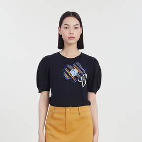 谜底复古文艺圆领套头针织衫短袖女2023夏款花朵泡泡袖232MZ0879