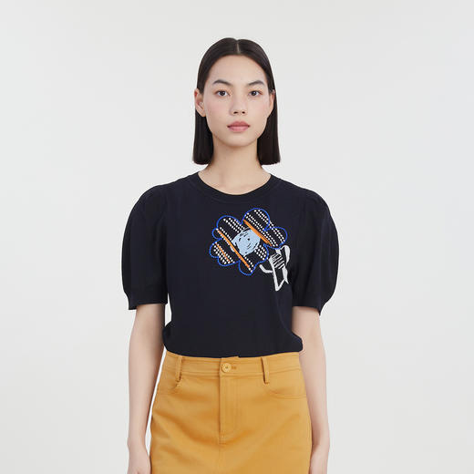 谜底复古文艺圆领套头针织衫短袖女2023夏款花朵泡泡袖232MZ0879 商品图0