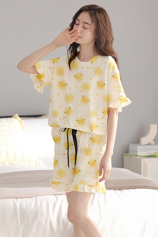 可人儿夏季短袖睡衣女士夏天薄款全棉短裤少女大码家居服套装 商品图6