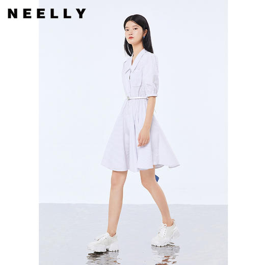 NEELLY纳俪条纹连衣服女中长款短袖收腰系带A字裙时尚百搭夏季N21072Y01056 商品图1