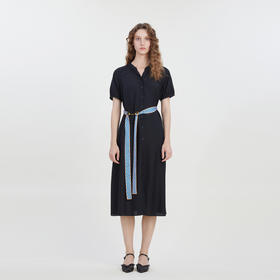 谜底时尚圆领A型连衣裙短袖2023夏新款通勤风长裙配腰带232ML0633