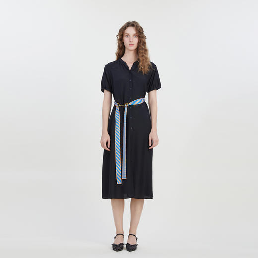 谜底时尚圆领A型连衣裙短袖2023夏新款通勤风长裙配腰带232ML0633 商品图0