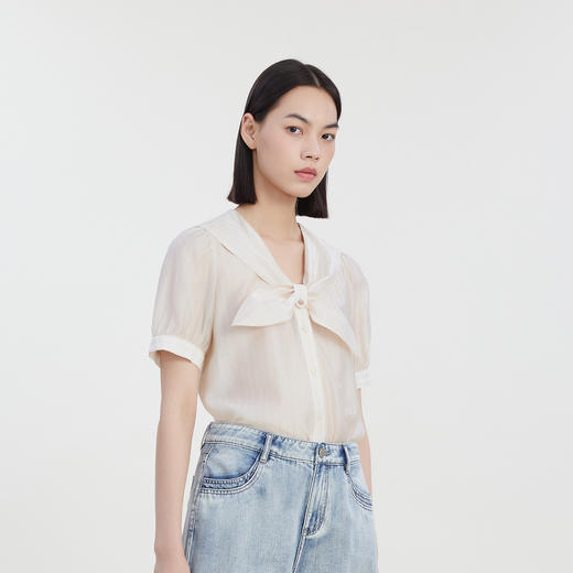谜底气质系带圆领天丝衬衫短袖女2023夏款通勤修身衬衣232MC0695 商品图1