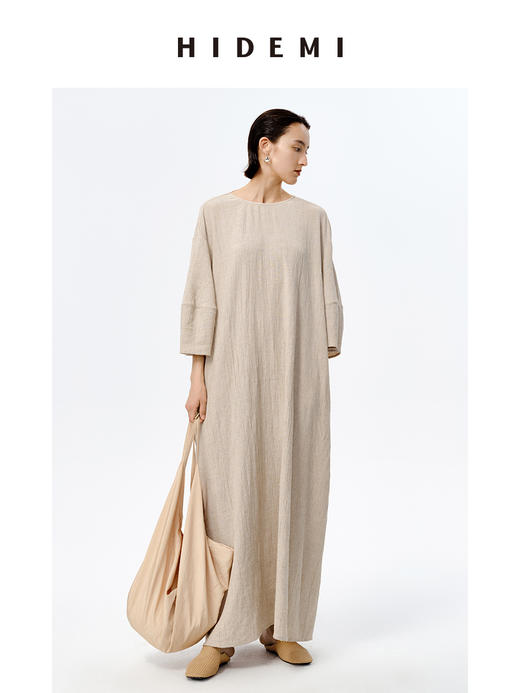 HIDEMI 艺术肌理感燕麦亚麻大廓形系带慵懒连衣裙 商品图2