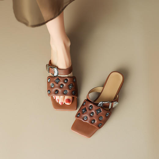 夏季新款，真皮复古一字型金属装饰凉拖鞋JLY-08-86 商品图8
