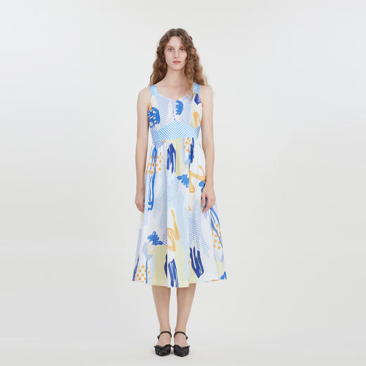 谜底复古花色吊带连衣裙2023夏季新款气质收腰棉麻长裙232ML0584 商品图0