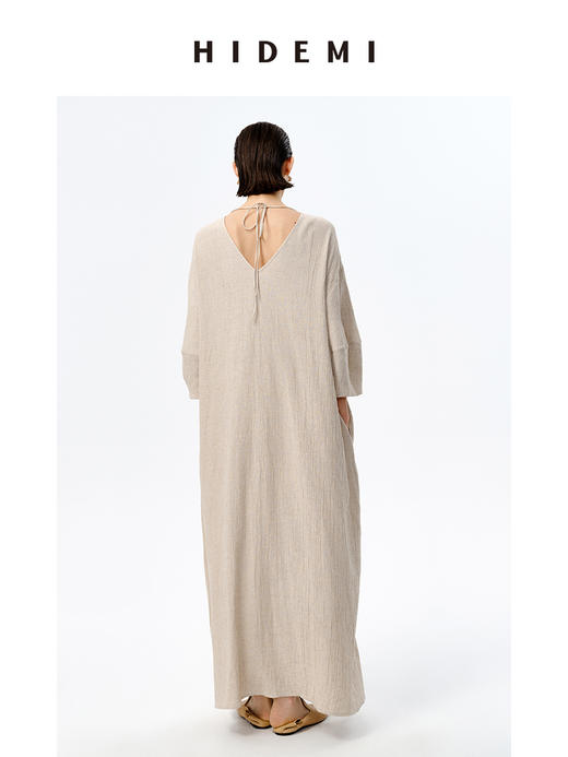 HIDEMI 艺术肌理感燕麦亚麻大廓形系带慵懒连衣裙 商品图4