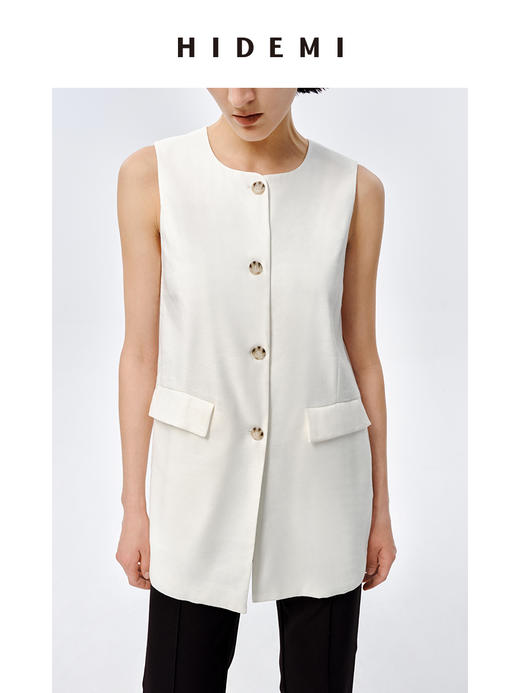 HIDEMI 水洗亚麻圆领口袋显瘦极简西装马甲 商品图3