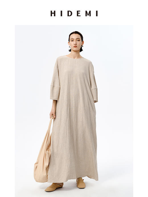 HIDEMI 艺术肌理感燕麦亚麻大廓形系带慵懒连衣裙 商品图3