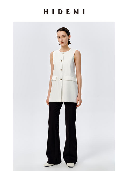HIDEMI 水洗亚麻圆领口袋显瘦极简西装马甲 商品图1