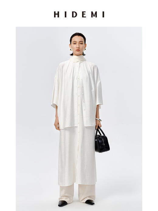 HIDEMI极简设计感纽扣垂坠感艺术褶皱连衣长裙 商品图7