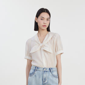 谜底气质系带圆领天丝衬衫短袖女2023夏款通勤修身衬衣232MC0695