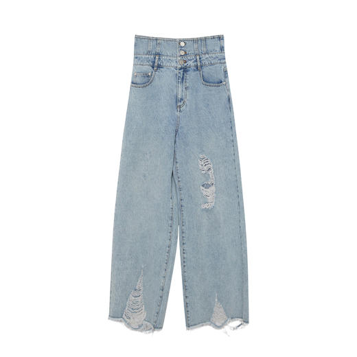 谜底复古高腰阔腿破洞牛仔裤女2023夏新款裤脚散边长裤232MK0512 商品图4